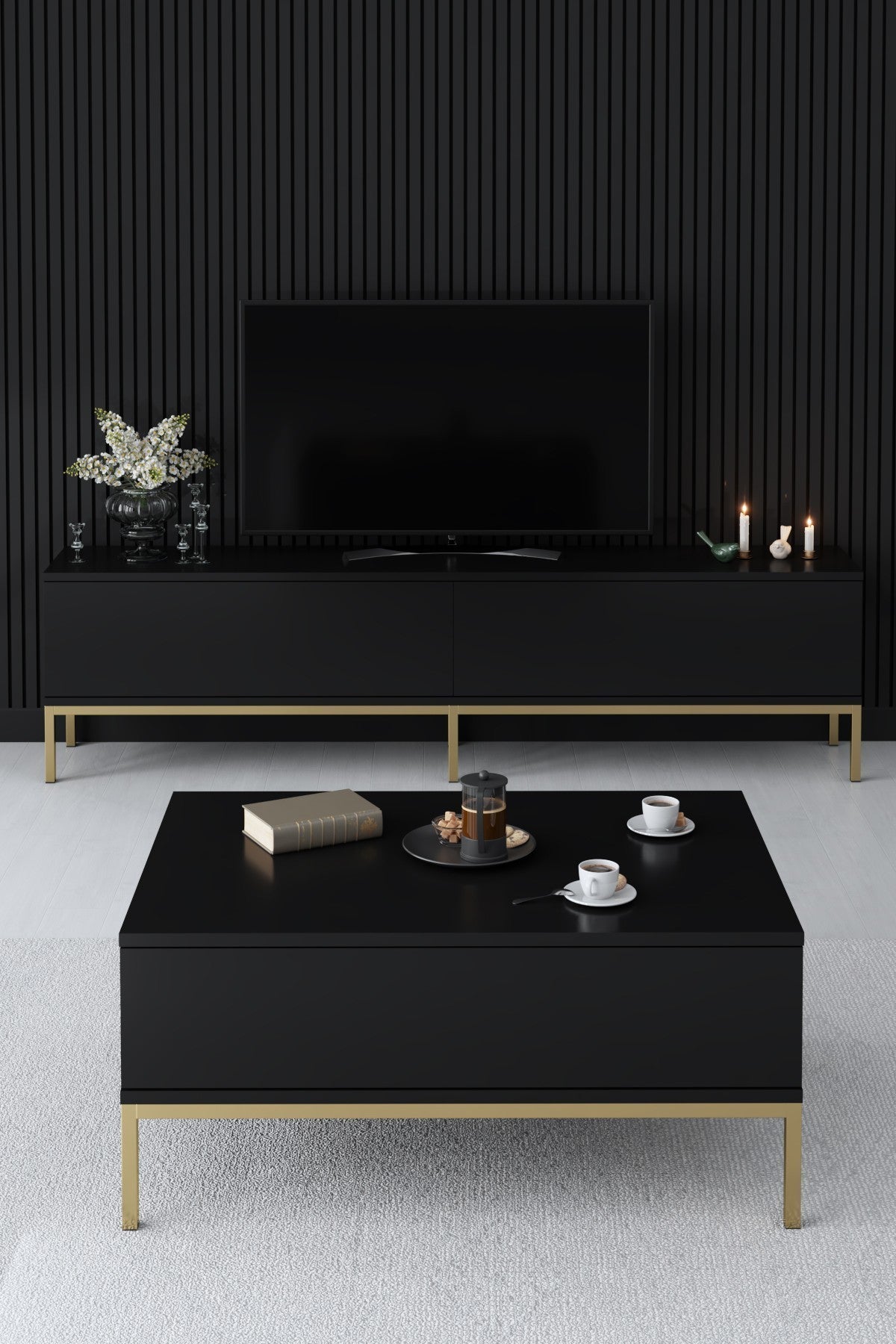 Măsuță de cafea Lord, Diverse culori, 90x60x40 cm – Negru – Auriu