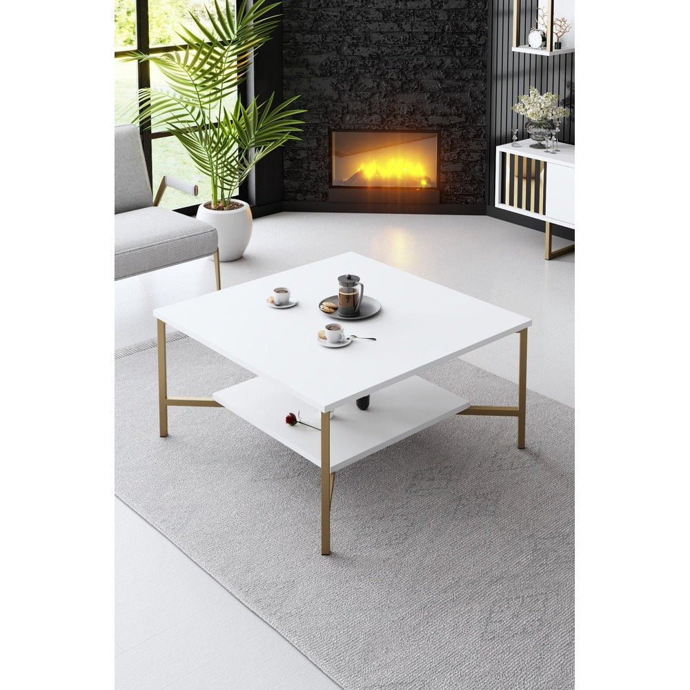 Masuta Cafea, PAL Melaminat / Metal, Gold Line, Negru / Auriu, 80x80x40 cm – Alb