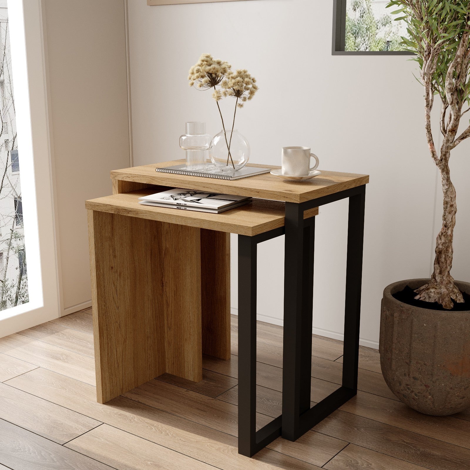 Set 2 măsuțe de cafea On7-Su, Nuc – Stejar, 51x30x53 cm – Nuc – Stejar Set 2 măsuțe de cafea On7-Su, Nuc – Stejar, 51x30x53 cm – Nuc – Stejar