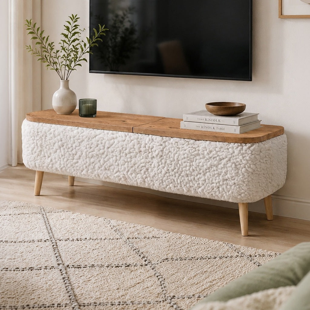 Comoda TV SARVEN, 120x30x45 cm, cu spatiu de depozitare, Design Scandinav, Alb Stejar, colectia Teddy