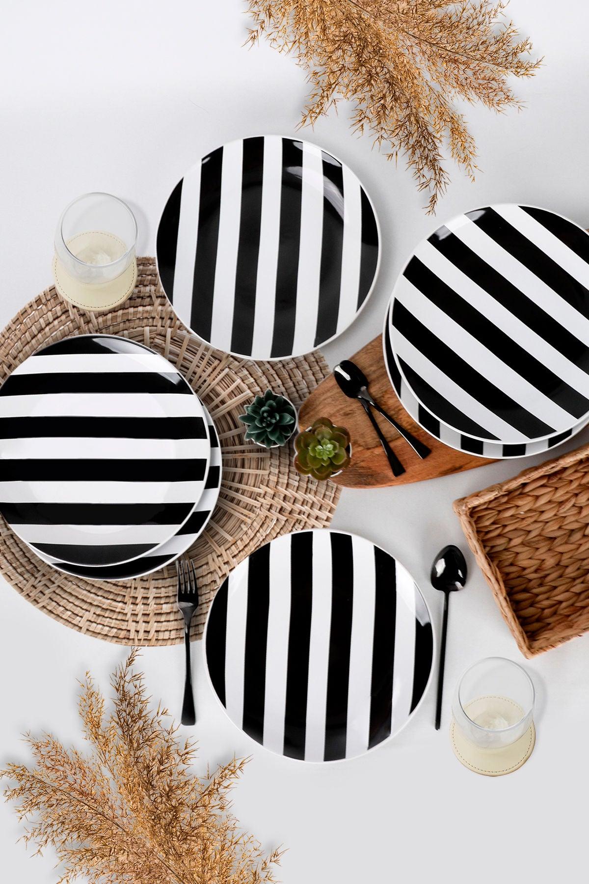 Set 6 Farfurii Stripe, Ceramica, Alb Negru, 27 cm – Negru