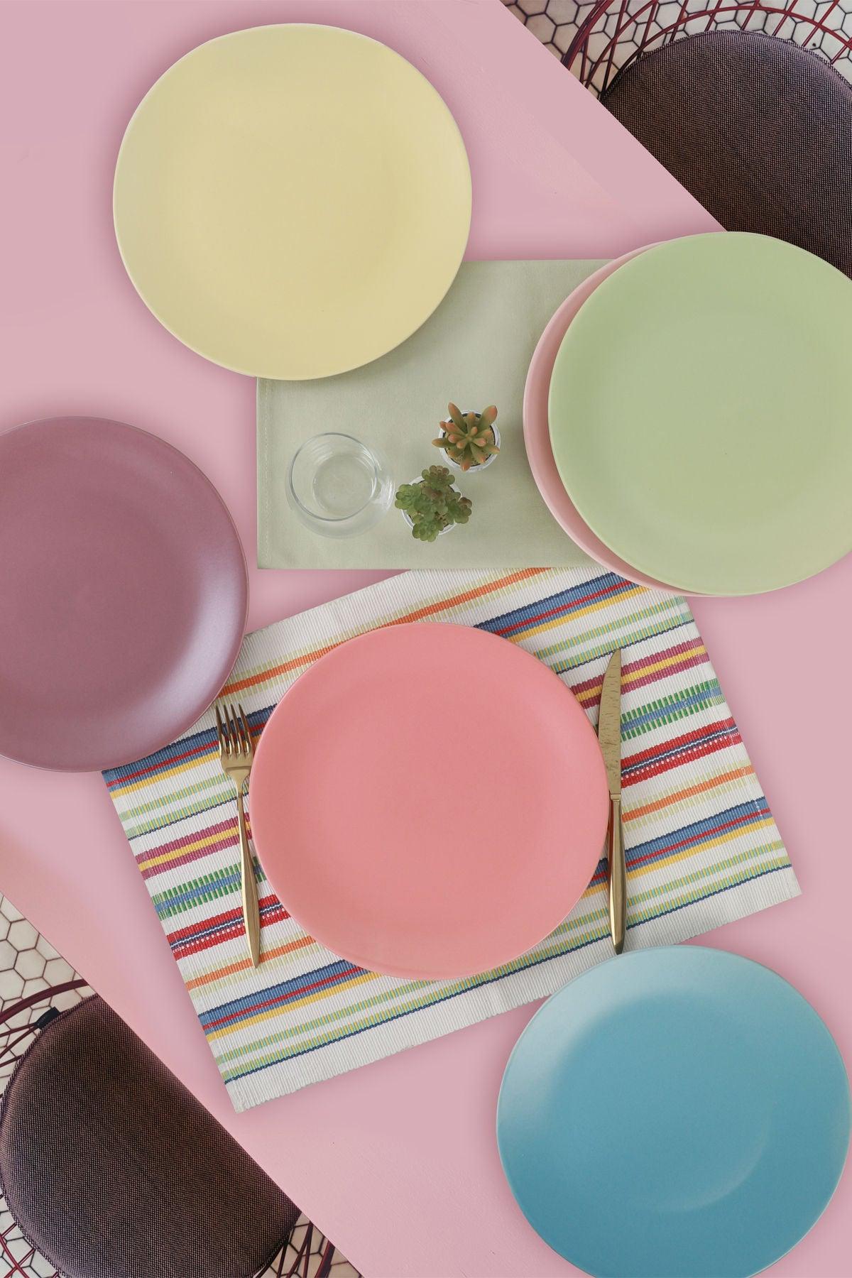 Set 6 Farfurii Uni Pastel, Ceramica , Multicolor, 25 cm – Multicolor