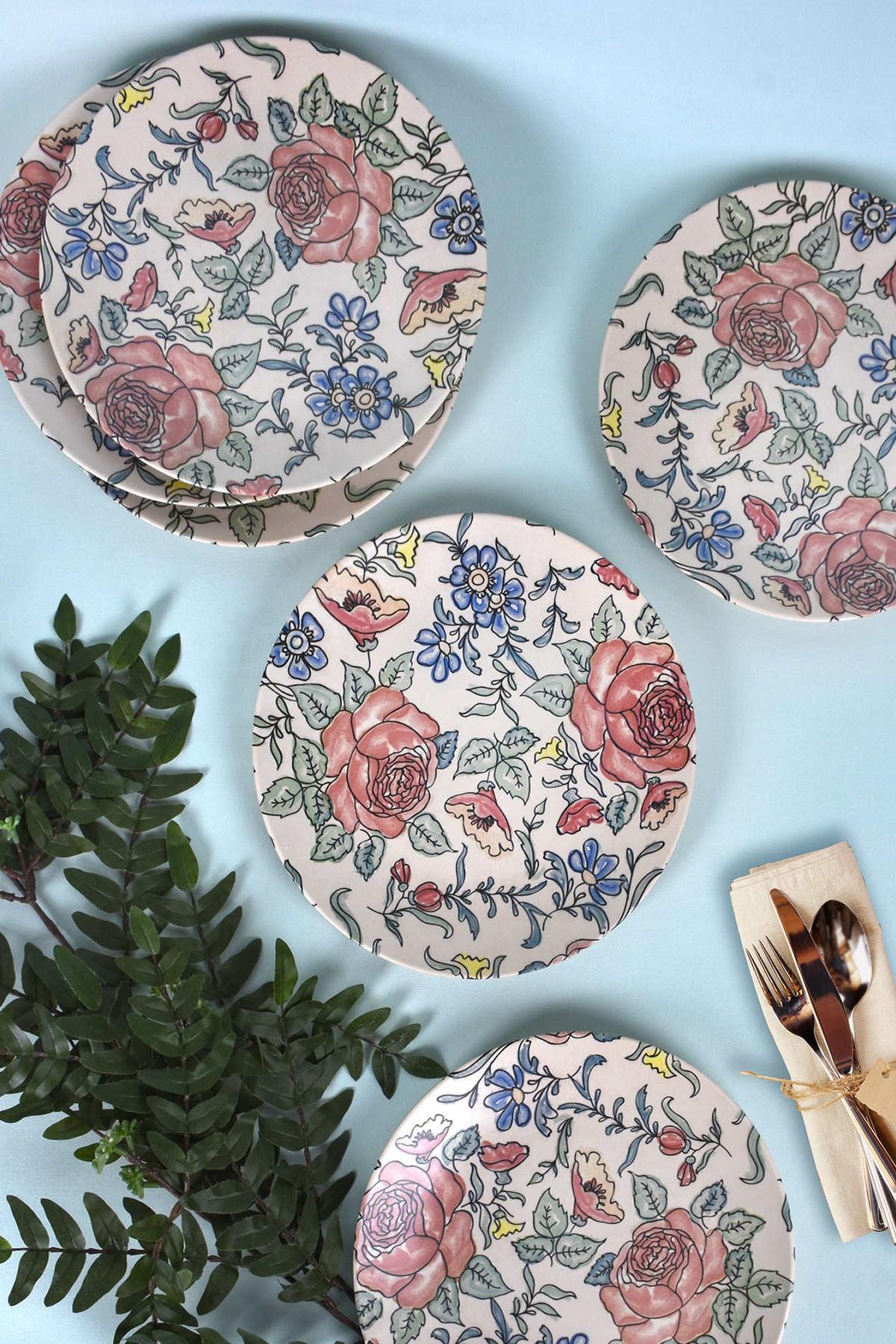 Set 6 Farfurii Flora, Ceramica, Multicolor, 25 cm – Multicolor