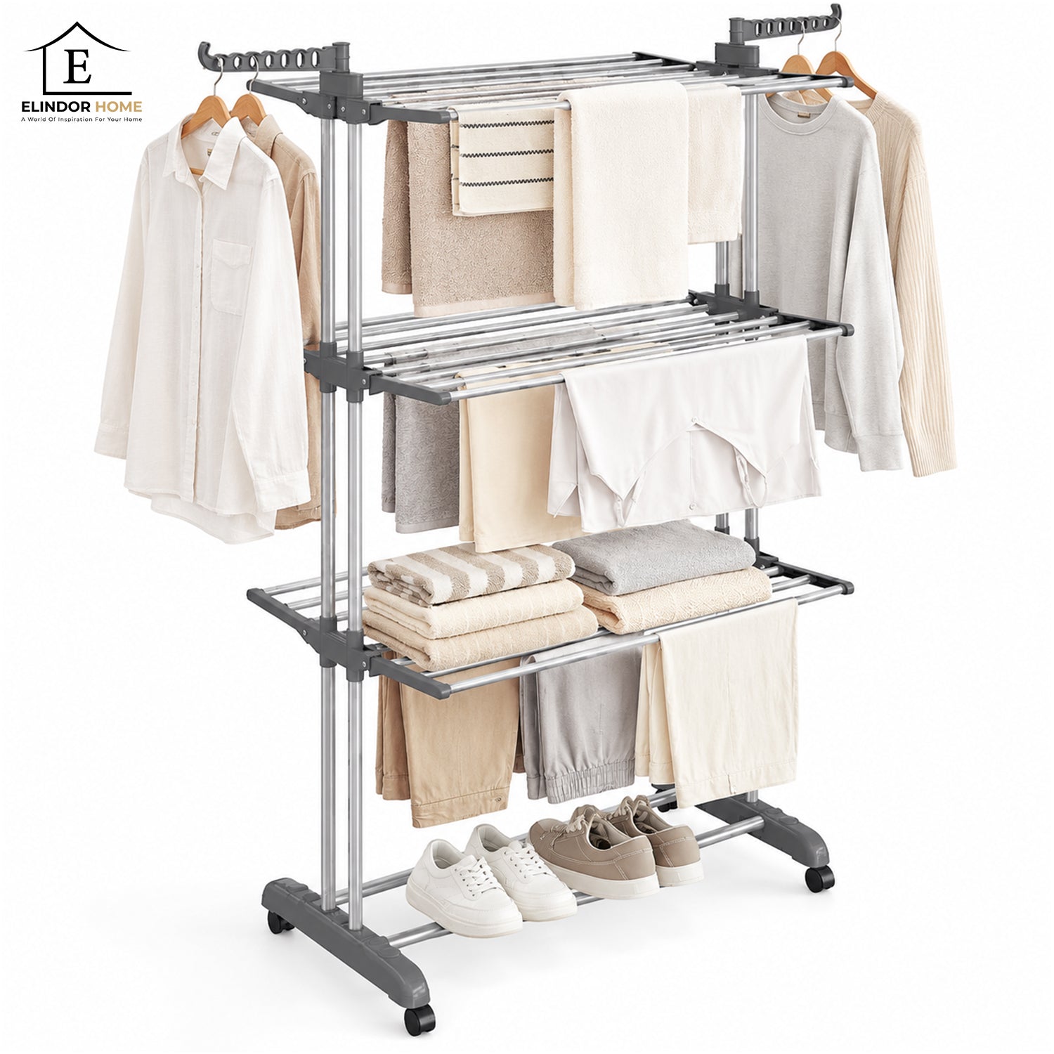 Uscator de Rufe Vertical Elindor®, Suport Pliabil cu 4 Niveluri, 3 Rafturi pentru Uscare, Brate Laterale pentru Umerase, Structura din Metal si Plastic, Roti pentru Deplasare, pentru Balcon, Baie si Spalatorie, 75 x 64 x 172 cm, Gri – Default Title