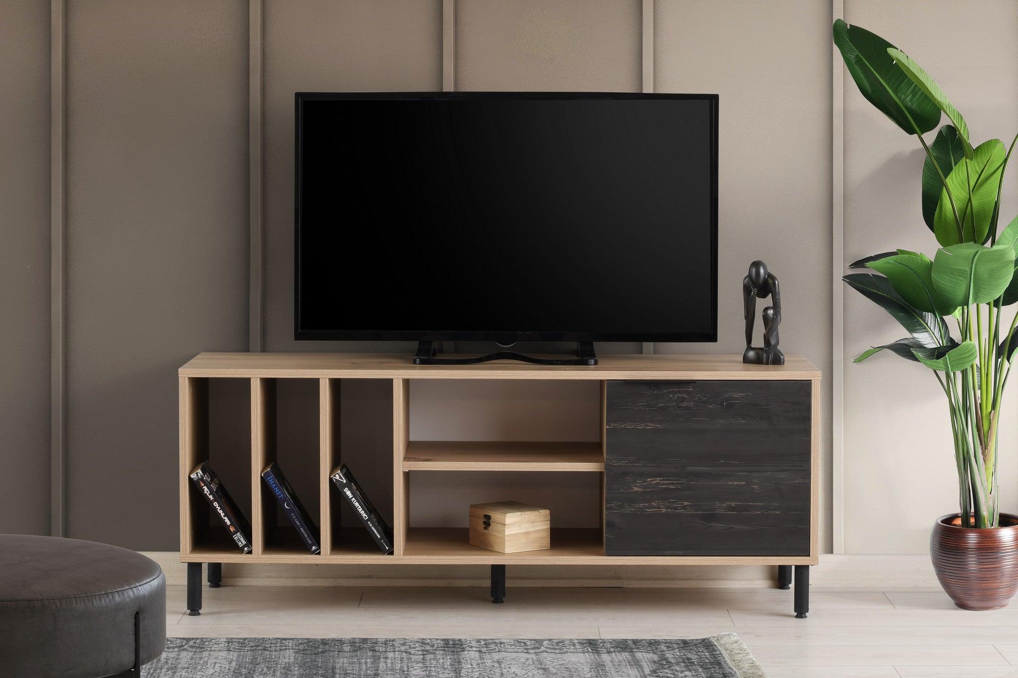 Comoda Tv cu rafturi Gordes – Dark Brown, Stejar – Maro , 140x55x40 cm – Lemn Natural Comoda Tv cu rafturi Gordes – Dark Brown, Stejar – Maro , 140x55x40 cm – Lemn Natural
