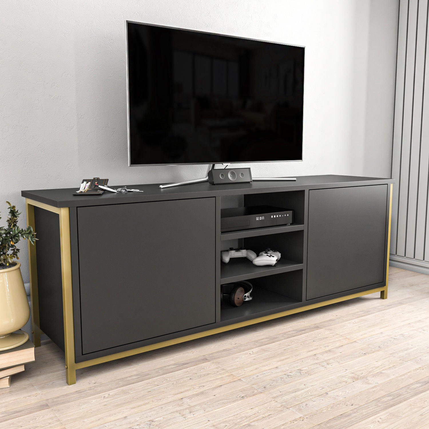 Comodă TV Otis, Diverse culori, 140x35x51 cm – Auriu – Antracit Comodă TV Otis, Diverse culori, 140x35x51 cm – Auriu – Antracit