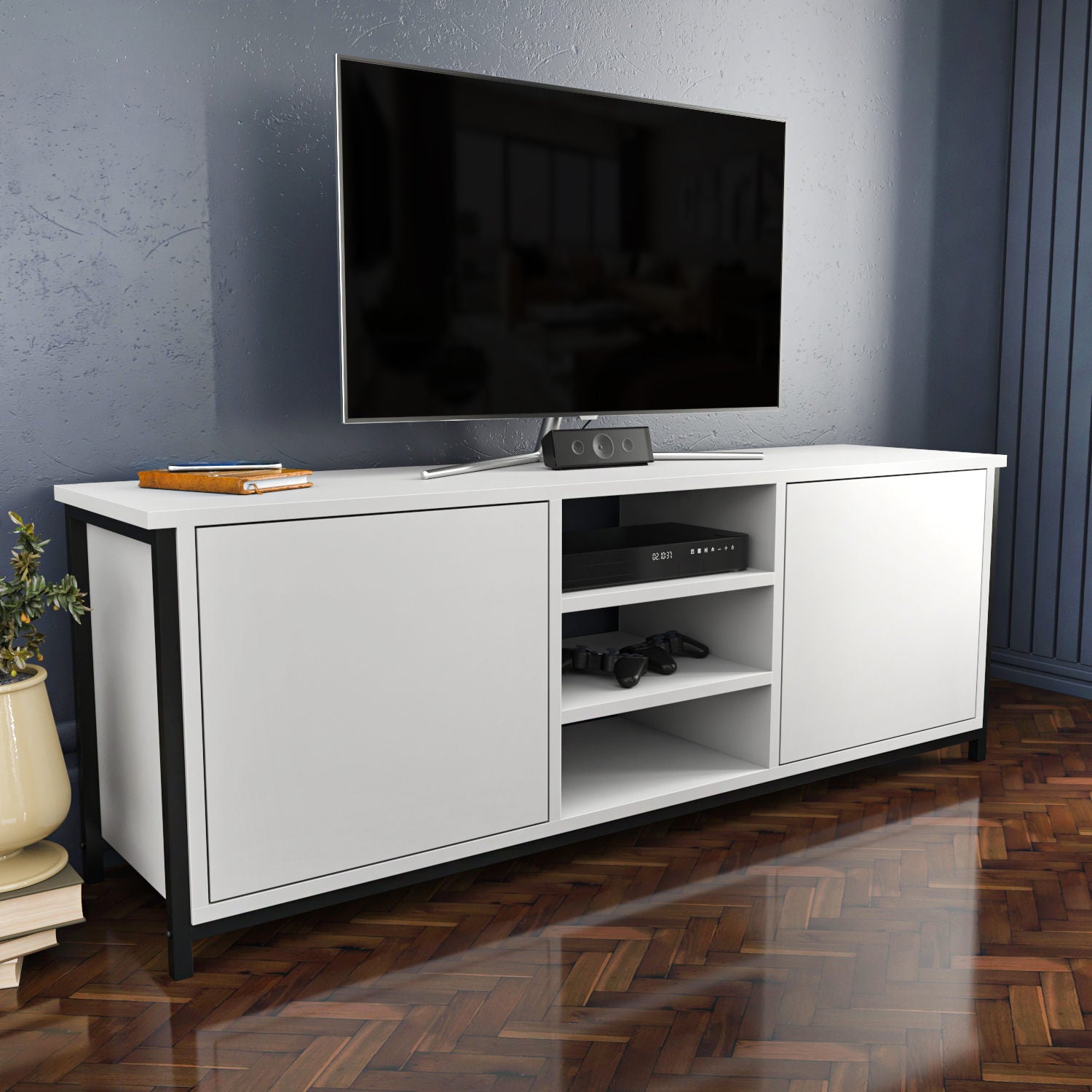 Comodă TV Otis, Diverse culori, 140x35x51 cm – Negru – Alb Comodă TV Otis, Diverse culori, 140x35x51 cm – Negru – Alb