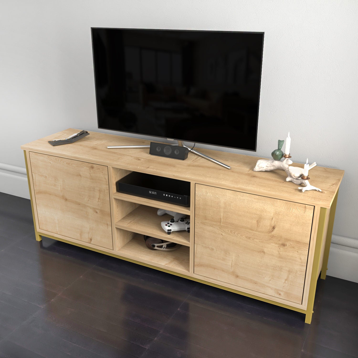 Comodă TV Otis, Diverse culori, 140x35x51 cm – Auriu – Stejar Comodă TV Otis, Diverse culori, 140x35x51 cm – Auriu – Stejar