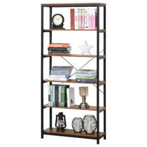 Dulap living negru bibliotecă cu rafturi din lemn și metal industrial vintage