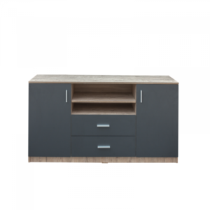 Comoda LUXOR, 2 usi, 2 sertare, corp stejar sherwood, fronturi gri, 140x40x80 cm