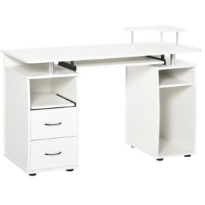 HOMCOM Birou PC din PAL și Oțel Alb cu Tastatură și Raft Monitor, Spațiu Generos de Lucru, 2 Sertare, Design Modern, 120x55x85 cm | Aosom Romania