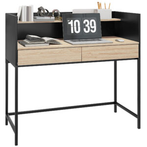HOMCOM Birou cu 2 Sertare, Raft Superior și Mânere Ascunse, Birou Modern din Lemn și Oțel, 106×51,5×102,5 cm, Negru | Aosom Romania