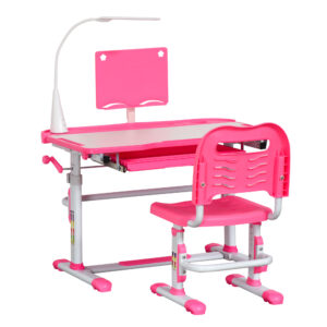 HOMCOM Birou pentru Copii cu Scaun Reglabil, Masă cu Sertar, Lampă și Suprafață Înclinabilă, 80×49,5×82-104 cm, Roz | Aosom Romania