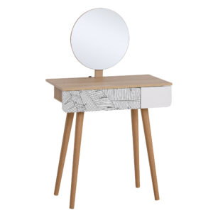 HOMCOM Masă de Machiaj cu Oglindă Rotundă și Sertar, Design Jungle, Alb și Stejar, 70x39x120cm | Aosom Romania