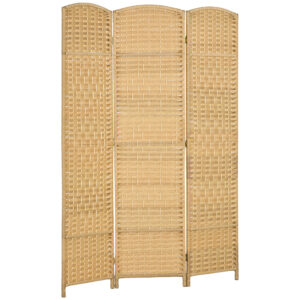 HOMCOM Paravan Interior Pliabil cu 3 Panouri Împletit din PP și Lemn de Pin, 135×1,7×180 cm, Lemn Natural | Aosom Romania
