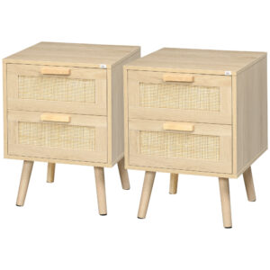 Set 2 noptiere boho din lemn natural cu 2 sertare și detalii ratan, 40x40x56 cm
