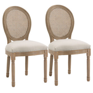 Scaune dining tapitate cu spătar perforat, albe din lemn și poliester, stil vintage, set 2 bucăți