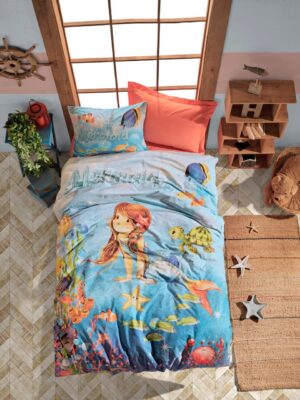 Lenjerie de pat pentru o persoana, 3 piese, 160×220 cm, 100% bumbac ranforce, Cotton Box, Mermaid, coral