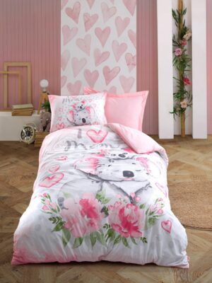 Lenjerie de pat pentru o persoana Young, 3 piese, 160×220 cm, 100% bumbac ranforce, Cotton Box, Koala, roz