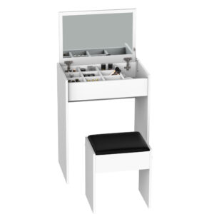 Masa de Machiaj cu Scaun si Container pentru depozitare si Oglinda Pliabila Alba 60,2×40,2x79cm HOMCOM | Aosom Romania