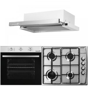 Pachet Cuptor electric Incorporabil Hausberg HB-8053IN, Clasa A, 71L, 2225W, Negru/Inox, Plita Incorporabila HB-555, 4 arzatoare, Gaz, Inox, Hota incorporabila telescopica HB-1285IN, Putere de absorbtie 420 m3/h, 2 motoare, 60 cm, Inox/Alb