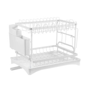Raft scurgator de vase, Quasar & Co., etajat, cu suport cutite, tacamuri, tocator, tava scurgere, 42 x 29 x 30 cm, metal, alb