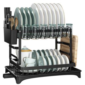 Raft scurgator de vase, Quasar & Co.®, etajat, cu suport cutite, tacamuri, tocator, tava scurgere, 42 x 29 x 29 cm, metal, negru
