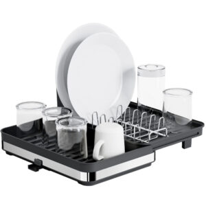 Raft scurgator de vase, Quasar & Co.®, extensibil, cu suport tacamuri, tava scurgere, 30-51 x 36.5 x 17.5 cm, metal/plastic, negru