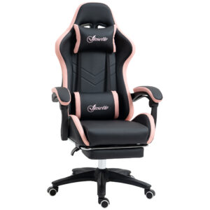 Scaun birou gaming roz și negru din piele ecologică, stil modern, spătar inclinabil, 65x65x121-129 cm