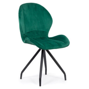 Scaun dining tapițat verde din catifea cu picioare metalice, stil modern