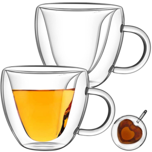 Set 2 cani cu pereti dubli, Quasar & Co., 250 ml, interior forma inima, termorezistenta, transparent