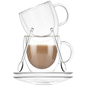 Set 2 cani cu pereti dubli cu 2 farfurioare si 2 lingurite, Quasar & Co, model rotund, termorezistenta, 250 ml, sticla, transparent