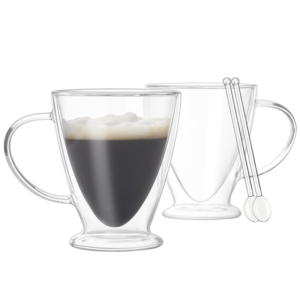 Set 2 cani cu pereti dubli cu 2 lingurite, Quasar & Co, sticla termorezistenta, 300 ml, transparent
