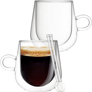 Set 2 cani cu pereti dubli cu 2 lingurite, Quasar & Co.®, sticla termorezistenta, 250 ml, transparent
