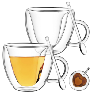Set 2 cani cu pereti dubli si 2 lingurite, Quasar & Co, 250 ml, interior forma inima, termorezistenta, transparent
