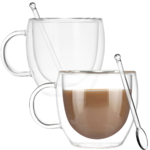 Set 2 cani cu pereti dubli si 2 lingurite, Quasar & Co., model rotund, termorezistenta, lingurita ceai/cafea, 250 ml, sticla, transparent