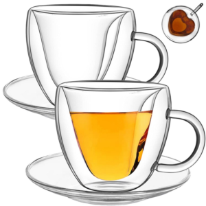 Set 2 cani si 2 farfurioare, Quasar & Co, cana 250 ml cu pereti dubli, interior forma inima, farfurioara 10.5 cm, termorezistenta, transparent