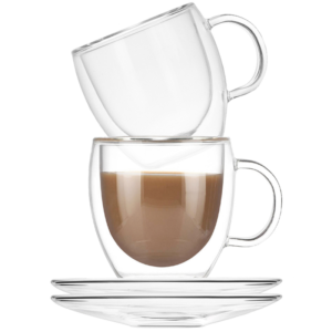 Set 2 cani si 2 farfurioare, Quasar & Co., cana 250 ml cu pereti dubli, d 8 cm, h 9 cm, farfurioara 10.5 cm, termorezistenta, transparent