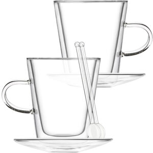 Set 2 cani si 2 farfurioare si 2 lingurite, Quasar & Co, termorezistente, sticla borosilicata, 250 ml, transparent