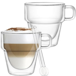 Set 2 cesti cu pereti dubli cu 2 lingurite, Quasar & Co, suprapozabile, sticla termorezistenta, transparent, 250 ml