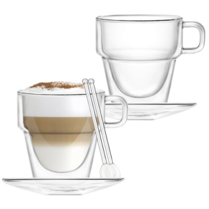 Set 2 cesti si 2 farfurioare si 2 lingurite, Quasar & Co, cana 250 ml cu pereti dubli, farfurioara 10.5 cm, lingurite sticla, termorezistenta, transparent