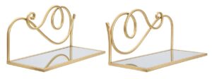 Noptiere moderne aurii suspendate cu oglindă, set 2 rafturi perete, fier și MDF, 41.5x18x20.5 cm
