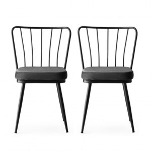Scaune dining tapitate cu spătar ergonomic, catifea gri și cadru metalic negru, stil modern, set 2 bucăți