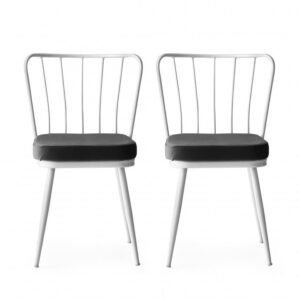 Scaune dining tapitate cu spătar din catifea și metal, alb-negru, stil modern, set 2 bucăți