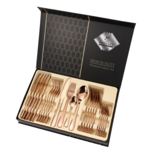 Set 24 tacamuri din inox, Quasar & Co., 6 x cutite, 6 x linguri, 6 x furculite, 6 x lingurite, 40 x 25.5 x 5.5 cm, Rose Gold