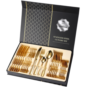 Set 24 tacamuri din inox, Quasar & Co., 6 x cutite, 6 x linguri, 6 x furculite, 6 x lingurite, 40 x 25.5 x 5.5 cm, auriu