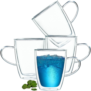 Set 4 cani cu pereti dubli, Quasar & Co, 350 ml, termorezistenta, transparent