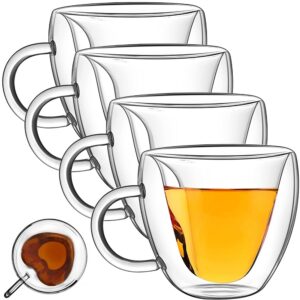 Set 4 cani cu pereti dubli, Quasar & Co., 250 ml, interior forma inima, termorezistenta, transparent