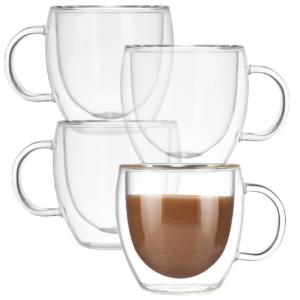 Set 4 cani cu pereti dubli Quasar & Co., 250 ml, termorezistenta, d 8 cm, h 9 cm, transparent