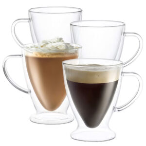 Set 4 cani cu pereti dubli, Quasar & Co., sticla termorezistenta, 300 ml, transparent